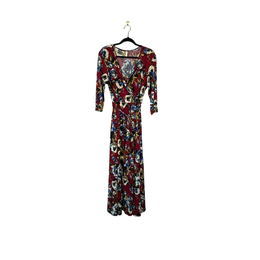 PinkBlush Womens Floral Faux Wrap Maxi Dress Burgundy Blue 3/4 Sleeve Stretch